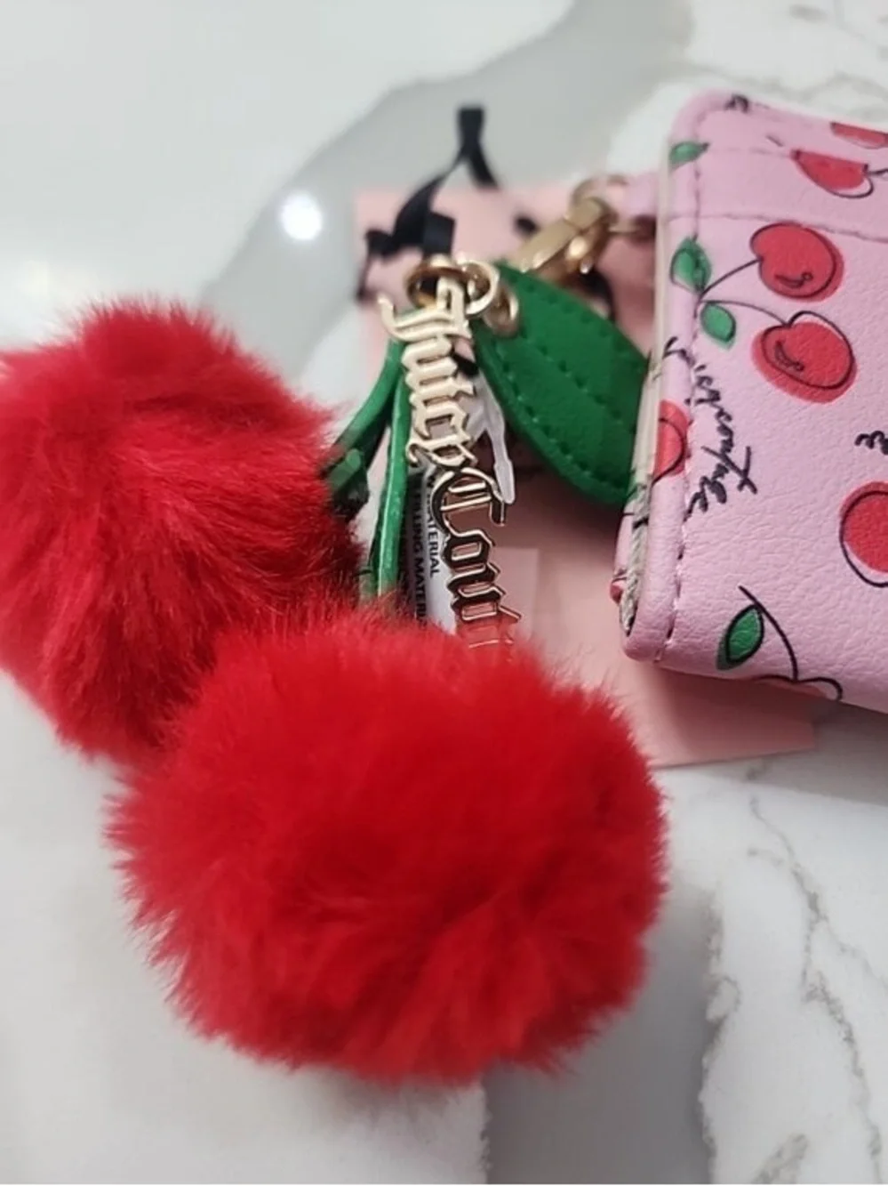 JUICY COUTURE Pink Cherry Print Wallet with Red Pom Keychain Gold Heart Clip - Picture 5 of 6